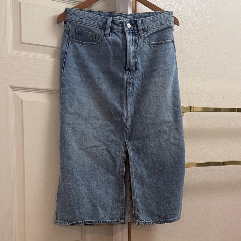 Old Navy Light Blue Denim Midi Skirt with Front Slit